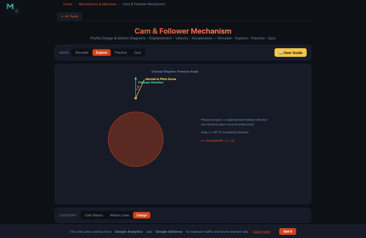 Cam & Follower simulator Explore mode showing design concepts: pressure angle, undercutting, and base circle geometry