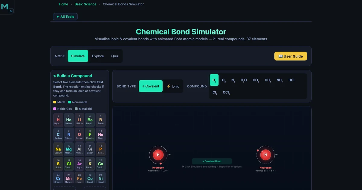 Chemical bonds simulator showing ionic NaCl bond with animated Bohr model — electron transfer from sodium to chlorine creating Na+ and Cl- ions visible with electronegativity difference
