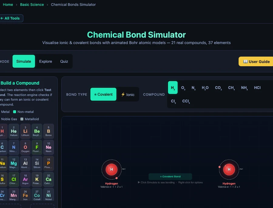 Chemical bonds simulator showing covalent H2O bond with animated Bohr model — oxygen sharing two electron pairs with hydrogen atoms showing polar covalent bond and partial charges