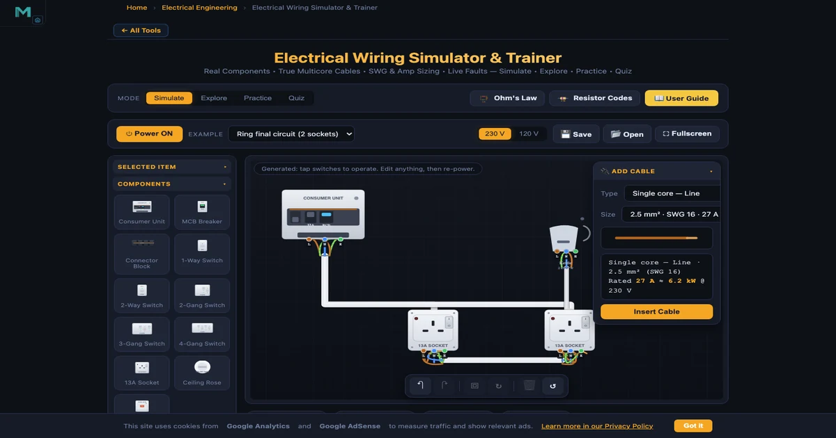 Electrical Wiring Simulator showing a ring final circuit with two 13A sockets, consumer unit powered ON at 230V, and the Cable Builder panel open showing 2.5mm² SWG 16 rated 27A