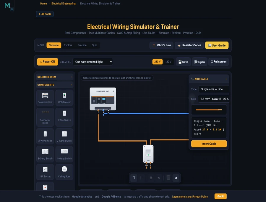 Electrical Wiring Simulator — one-way switched light example loaded and powered on at 230V, showing the consumer unit, 1-way switch, and ceiling lamp on the workbench