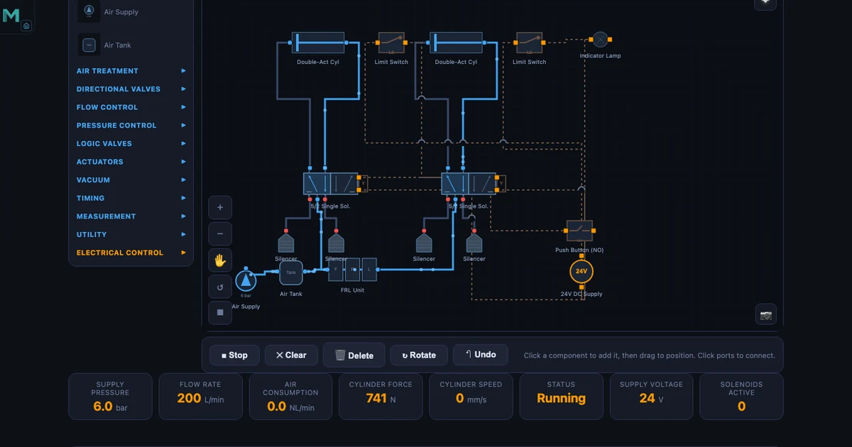 Electro-pneumatic circuit simulator showing Sequential A+B+ relay logic circuit with solenoid valves and double-acting cylinders — free FESTO FluidSIM alternative