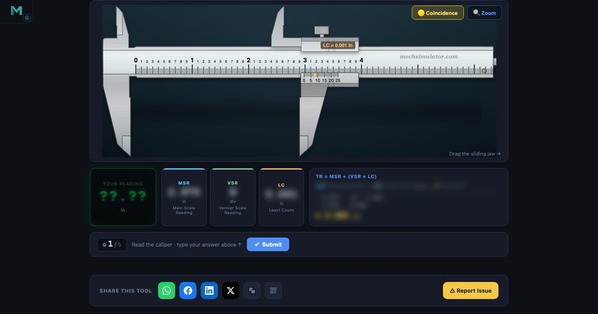 MechSimulator vernier caliper in imperial quiz mode — LC = 0.001 in, Q 1/5 prompt active, MSR VSR LC readout boxes and TR formula visible