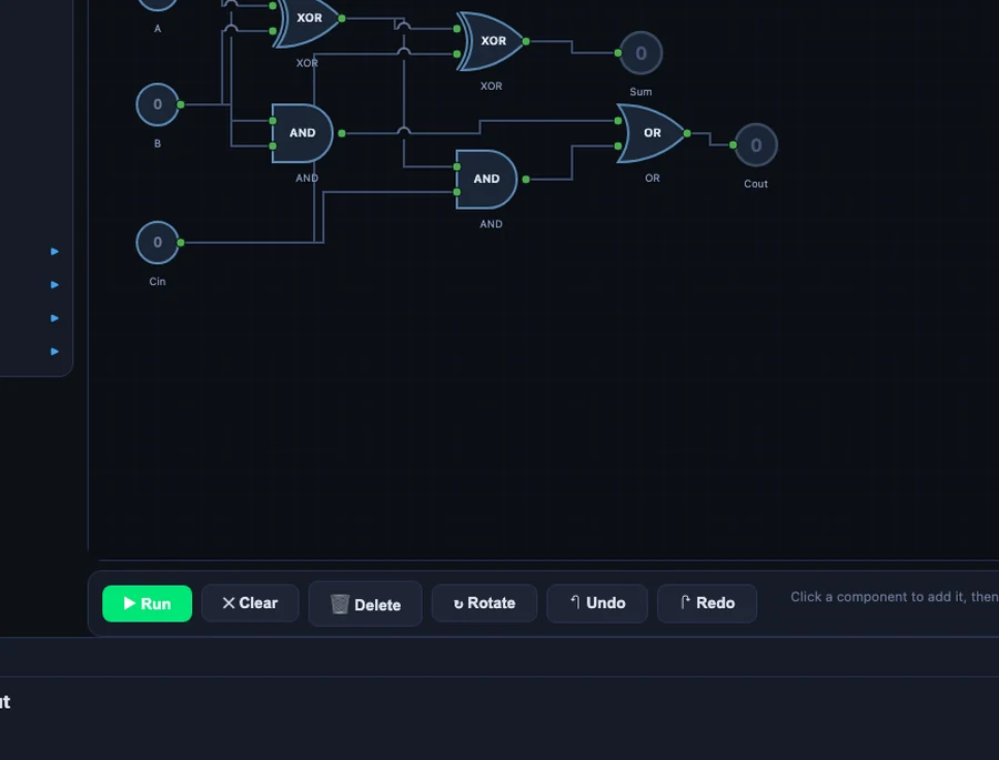 Logic Gate Simulator full-adder circuit with XOR, AND, and OR gates, three input pins A B Cin and two outputs Sum and Carry-out