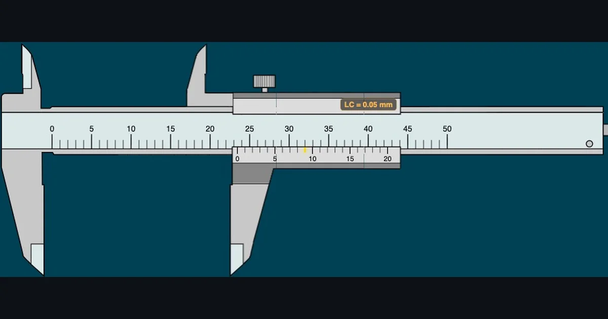 Vernier caliper simulator showing 23.45 mm reading with TR formula breakdown