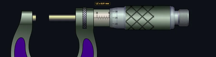 Micrometer screw gauge simulator showing barrel reading 5.00 mm, thimble 25 divisions, total reading 5.25 mm with TR formula displayed