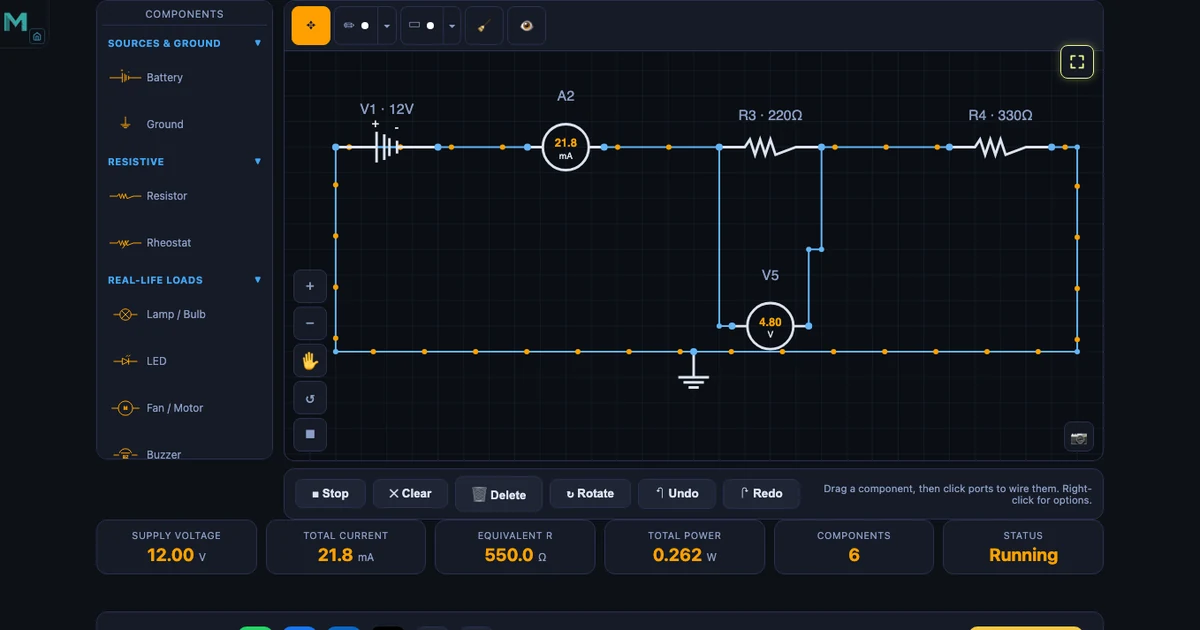 Ohm's Law simulator in Simulate mode showing a series circuit with a 12 V battery, two resistors (220 and 330 ohm), an ammeter reading 21.8 mA and a voltmeter reading 4.80 V, with readout cards displaying 12 V supply, 21.8 mA total current, 550 ohm equivalent resistance and 0.262 W total power