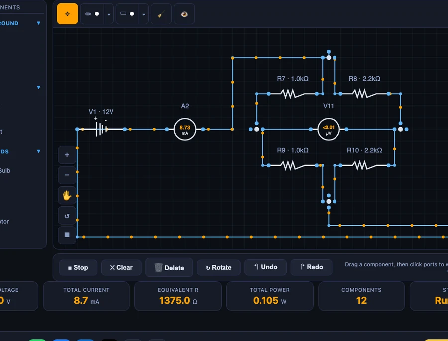 Ohm's Law simulator showing a Wheatstone bridge circuit with four resistors in a diamond configuration, voltmeter galvanometer across the middle, and readout cards showing supply voltage, total current, equivalent resistance and bridge state