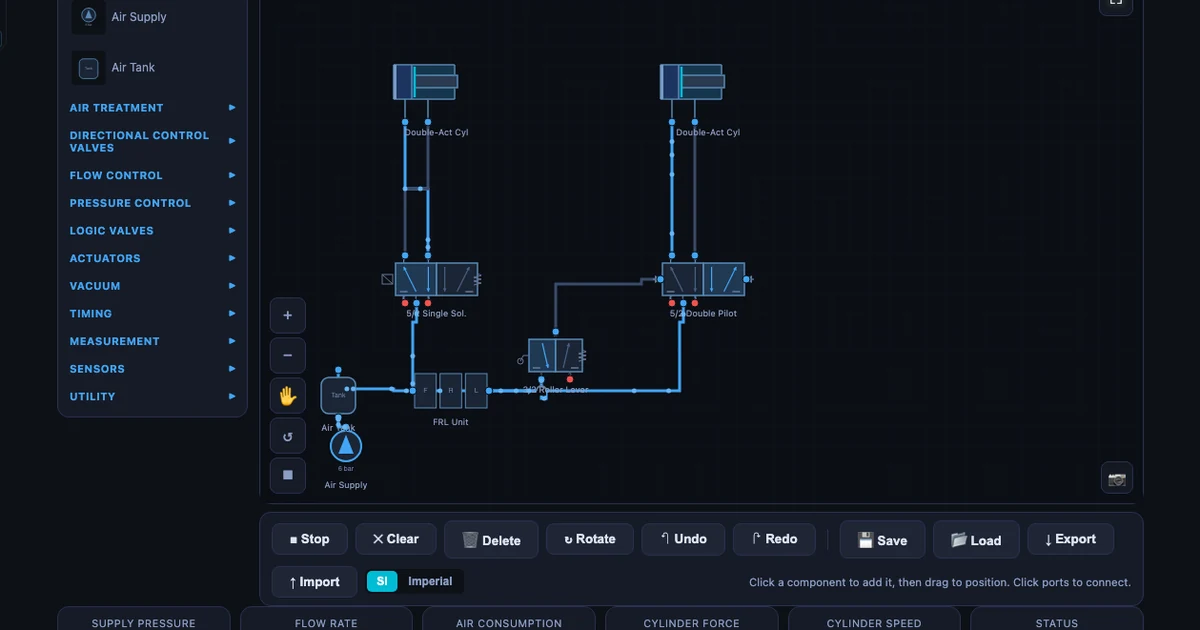 Pneumatic Circuit Simulator showing a sequential A+B+ circuit with two double-acting cylinders, roller lever limit switches, and animated blue air flow particles
