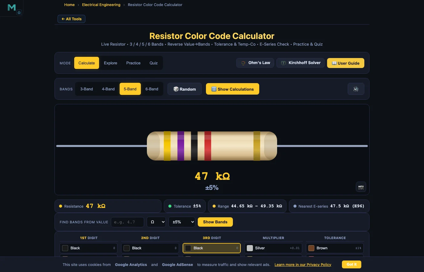 Resistor color code calculator showing a 5-band resistor decoded to 47 kilohm with readout badges and band selector