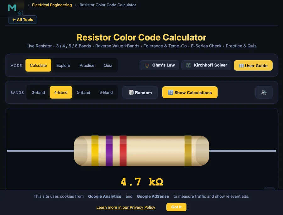 Resistor color code calculator reverse lookup showing 4.7 kilohm result on a 4-band resistor