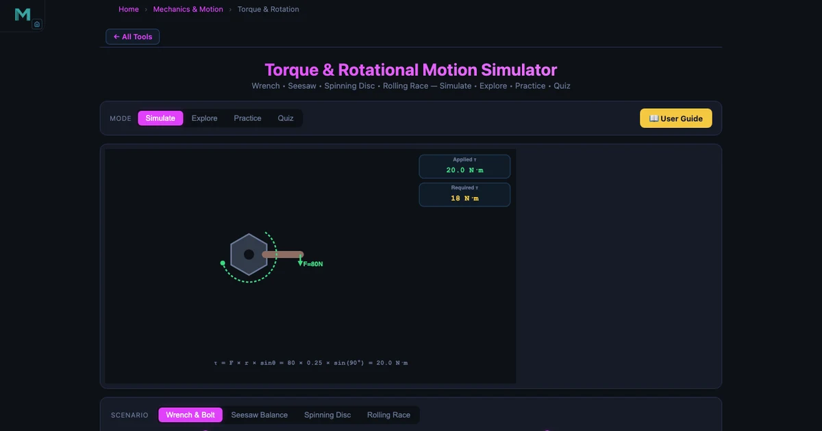 Torque and Rotation Simulator showing the torque moment of force concept card with formula τ = F × r × sinθ, animated wrench diagram, and worked example giving 36.0 N·m