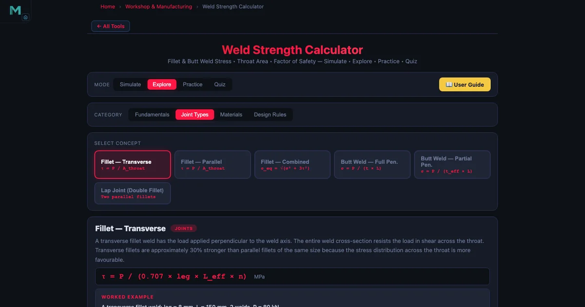 Weld strength simulator Explore tab showing joint type cards: fillet weld, butt weld, lap joint, and T-joint options