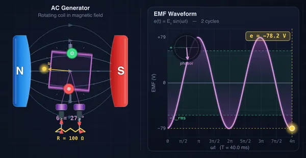 Cropped canvas detail showing the rotor coil at one instant of its rotation with the induced EMF arrow on the live sinusoidal waveform