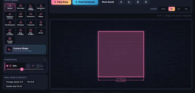 Area calculator: shape picker with a magenta square drawn on the canvas and side dimension labelled