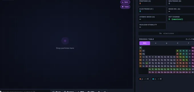 Build Your Atom simulator interface with particle palette and Bohr model canvas