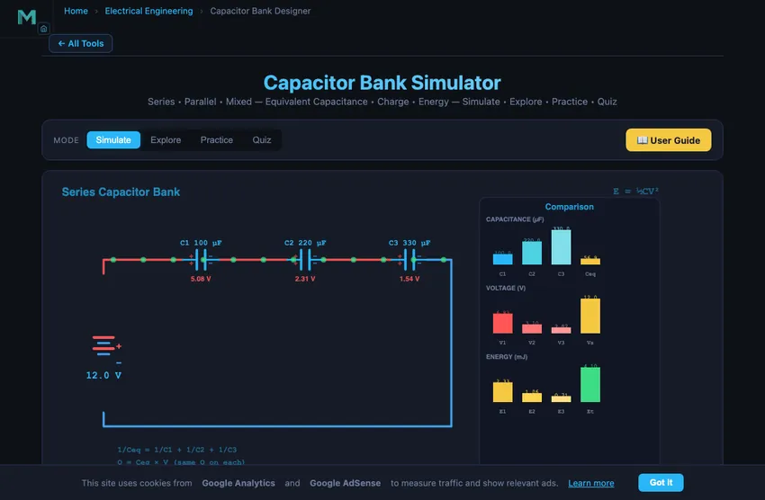 Capacitor bank simulator showing three capacitors in series and parallel configurations with voltage source and live readouts for equivalent capacitance, voltage distribution across each capacitor, and total energy stored, plus a series/parallel/mixed toggle