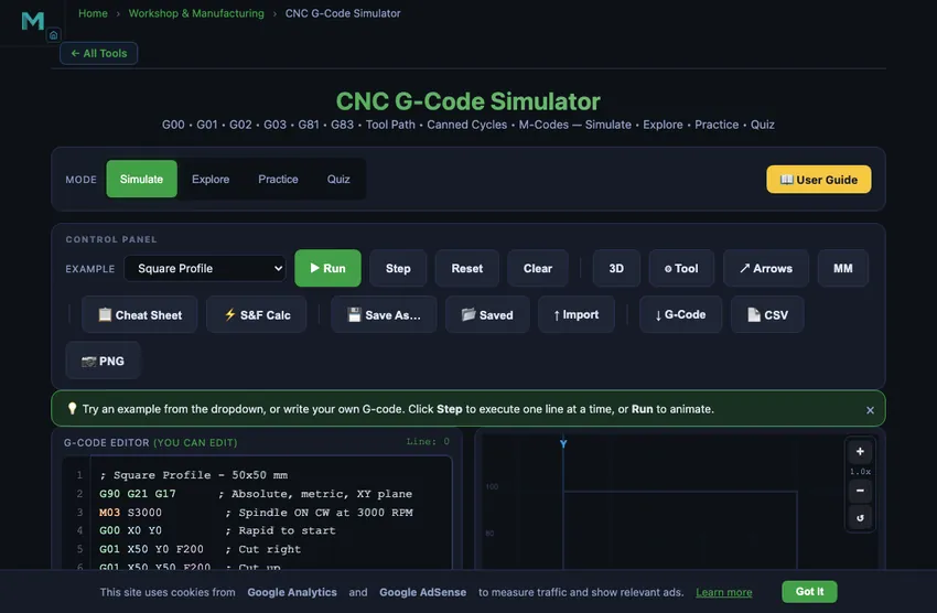 CNC G-code simulator showing a syntax-highlighted G-code editor on the left with G codes in green, M codes in orange and coordinates in blue, alongside a toolpath visualisation on the right showing the rendered cut paths with rapid moves dashed and cutting moves solid, plus an animated spinning tool indicator currently mid-program
