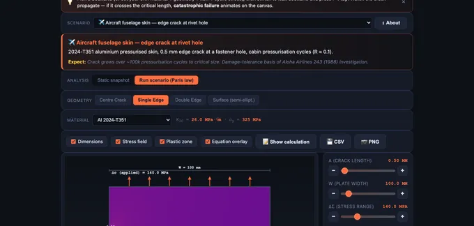 Crack propagation simulator with aircraft fuselage scenario, edge crack geometry, controls
