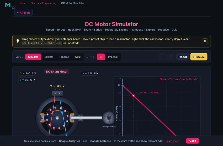 DC motor simulator showing a separately excited DC motor with armature winding, field winding, brushes and commutator, plus a speed-torque characteristic curve on the right with the current operating point marked as a coloured dot and live readouts for back EMF, armature current, speed and efficiency