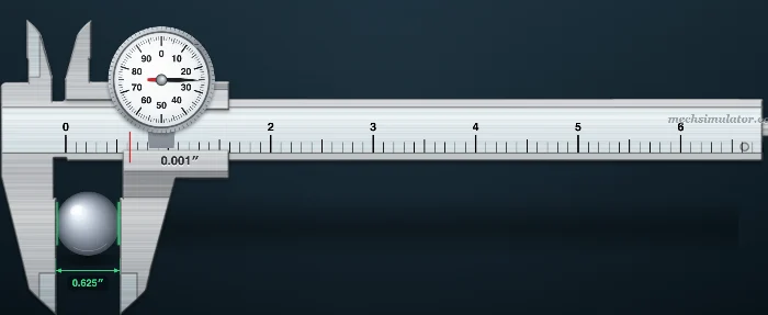 Dial caliper simulator closed on a 5/8 inch ball bearing, showing the graduated beam and the 100-division dial reading 0.625 inch