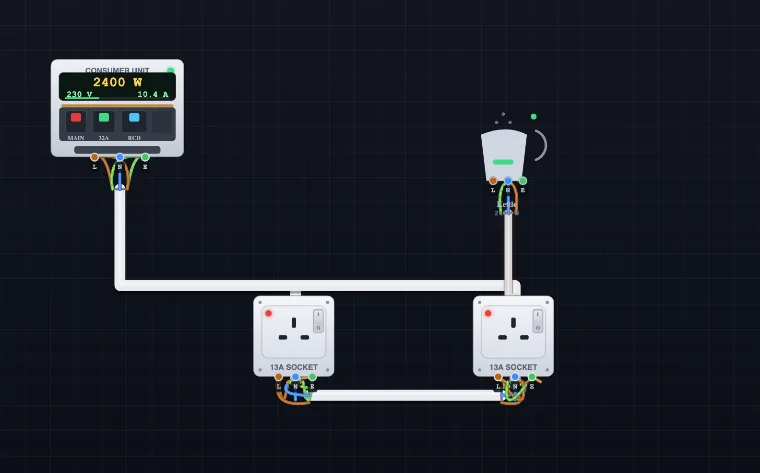 Ring final circuit wired with two sockets in the electrical wiring simulator, showing current dividing between the two legs