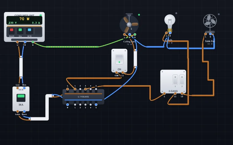 Electrical wiring simulator showing a one-way switch control circuit with consumer unit, switches and lamp