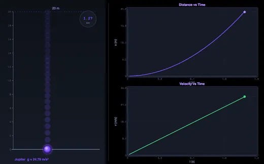 Free-fall on Jupiter: ball accelerates rapidly under 24.79 m/s²