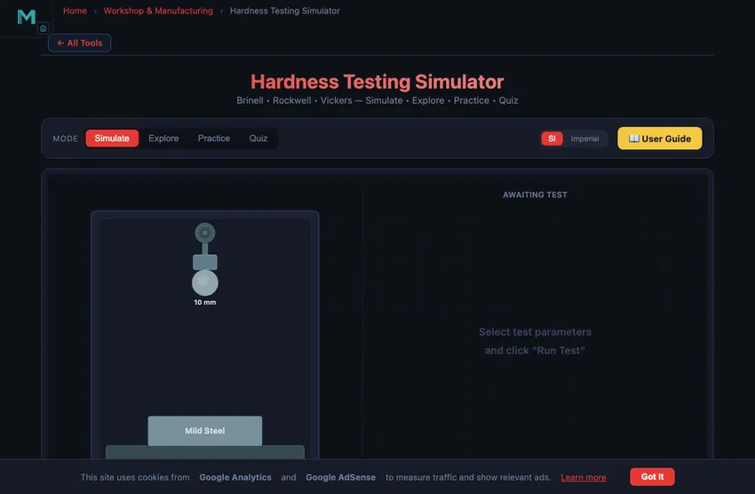 Hardness testing simulator interface showing the three test methods selector for Brinell with 10 mm steel ball indenter, Rockwell with diamond cone indenter and dial gauge, and Vickers with 136 degree diamond pyramid indenter, plus a material selector and a load input ready to run an animated indentation sequence with hardness value readout