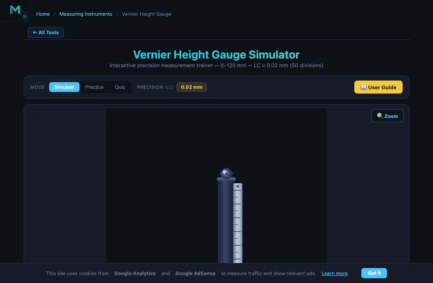 Vernier height gauge simulator showing a tall column with a sliding carriage and scriber arm, sitting on a precision granite surface plate, with the main scale running vertically up the column and a 50-division vernier scale on the carriage, plus a workpiece being marked at a precise height