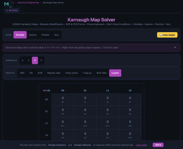 Karnaugh map solver showing the same K-map at full vertical extent including the truth table input panel and the derived minimised Boolean expression at the bottom