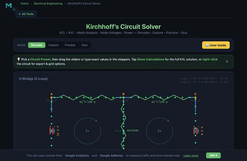 Kirchhoff solver showing a 2-loop DC circuit with two voltage sources, multiple resistors arranged in a bridge configuration with shared branches, mesh currents I1 and I2 highlighted in different colours, plus a system of KVL equations and the computed solution displayed alongside