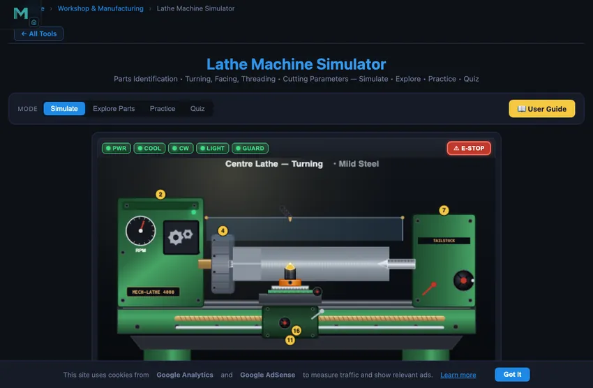 Lathe machine simulator showing a centre lathe with a workpiece mounted between the three-jaw chuck on the headstock and the live centre on the tailstock, with the cutting tool mounted on the cross-slide ready for a turning pass, plus readouts for cutting speed in surface metres per minute, feed rate in millimetres per revolution, and material removal rate