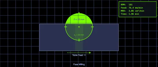 Milling operation: multi-flute cutter feeding across a stationary block