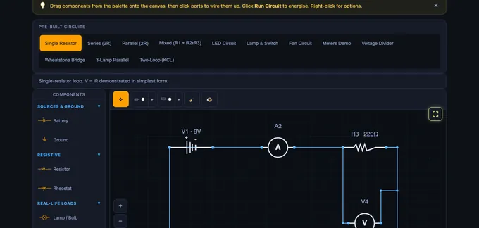 Ohm's Law DC circuit simulator showing single-resistor loop with battery, ammeter and voltmeter
