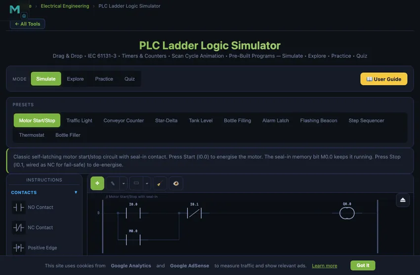 PLC ladder logic simulator showing a ladder diagram with three rungs containing normally open and normally closed contacts wired in series and parallel, output coils on the right, a timer and counter block, plus a virtual input panel with toggle switches and an output LED panel showing the current state of each output