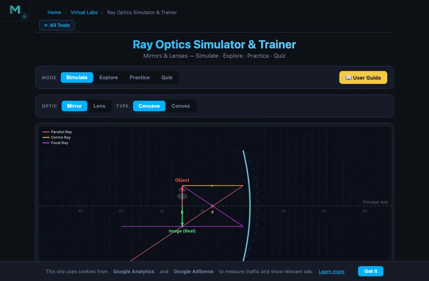 Ray optics simulator showing a converging convex lens with parallel incoming rays from the left being refracted through the lens and converging at the focal point on the right, plus an object arrow positioned to the left of the lens with its image formed on the opposite side