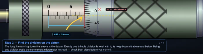 Show me How walkthrough on the micrometer, checking the thimble division above the datum line