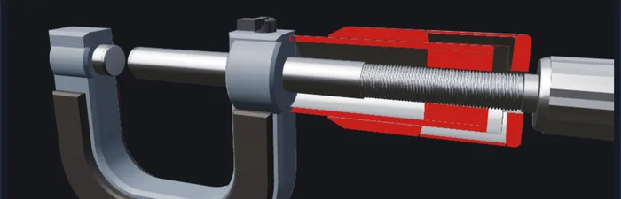 3D screw gauge simulation in Cutaway view: the sleeve and thimble cut open in red to show the 0.5 mm pitch screw thread inside