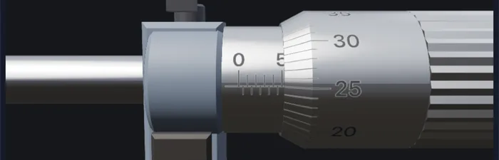 Screw gauge 3D view in Reading mode showing 5 mm on the sleeve and 25 on the thimble, a reading of 5.25 mm