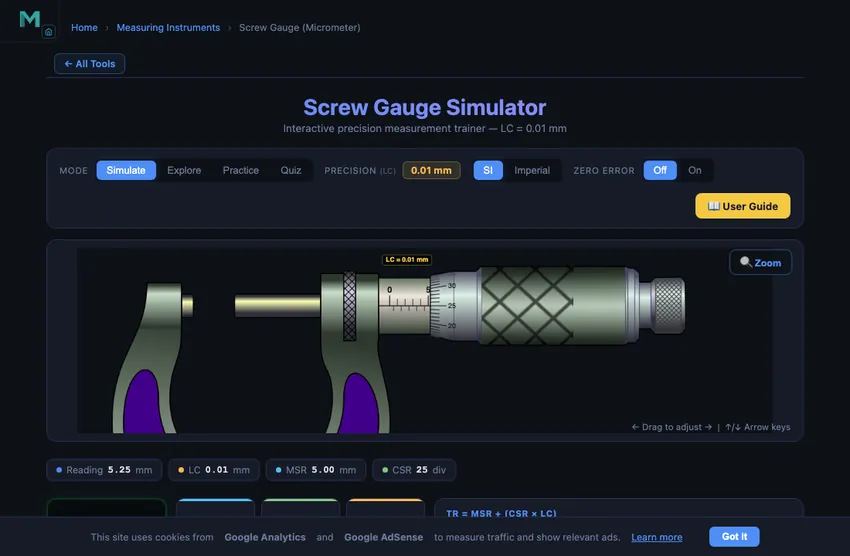 Micrometer screw gauge simulator showing the U-shaped frame with anvil on the left, spindle in the middle, sleeve with the millimetre and half-millimetre main scale, and thimble with the 50-division circular scale aligned with the datum line, ready for a draggable thimble rotation to take a measurement