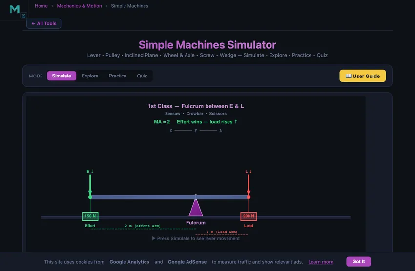 Simple machines simulator showing a first-class lever with the fulcrum in the middle, a load on one side and an effort on the other, with mechanical advantage and velocity ratio readouts on the right and a friction toggle for switching between ideal and realistic behaviour