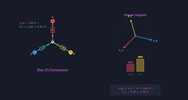 Star delta canvas detail showing one of the configurations with phase voltage and line current values for the connected three-phase load
