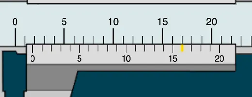 Zoomed view of the caliper scale for precise reading