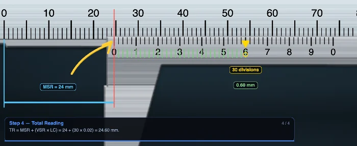 Show me How walkthrough on the vernier caliper showing the total reading step